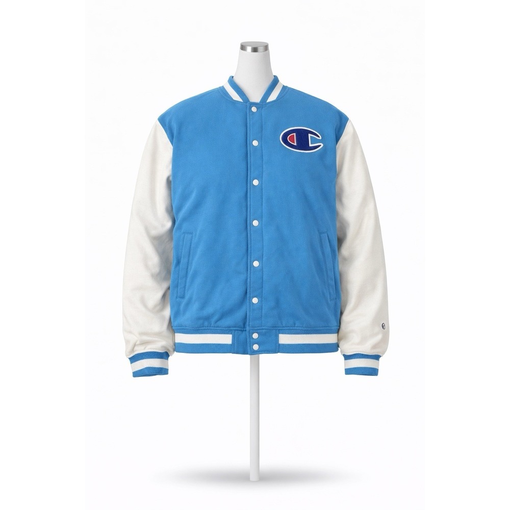 Champion Jacket Mens 3XL Blue White‎ Varsity Letterman Snap Quilted Lined Fleece